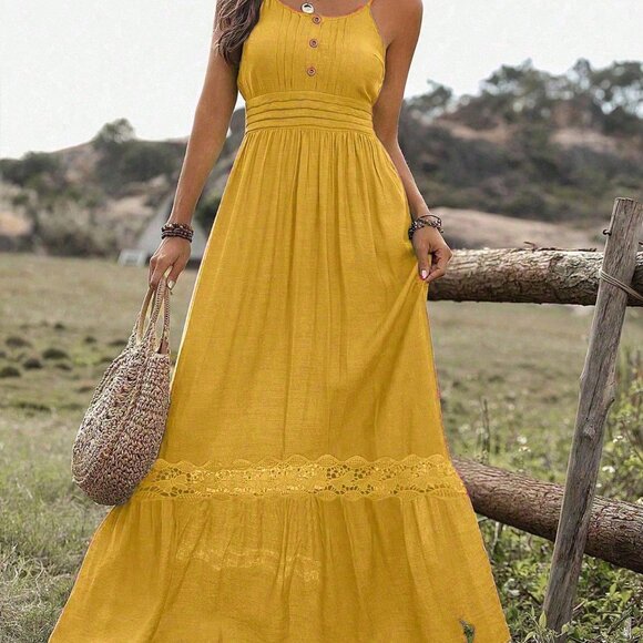 Yellow Boho Women's Lace Decorated Cami Maxi Dress - Picture 5 of 5